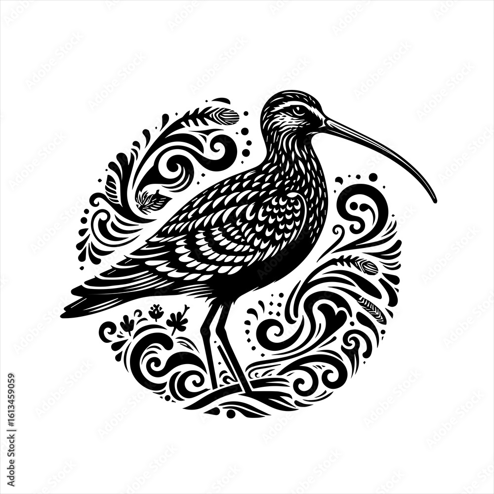 Fototapeta premium Black and white illustration of a curlew bird with decorative swirling patterns