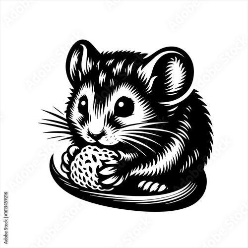 Cute black and white illustration of a hamster eating a seed