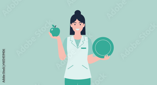 Smiling Woman in White Coat Holding Green Apple and Plate