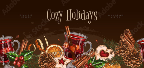 Glass of mulled wine with spices and fruits, vector seamless border sketch design, hand drawn cozy holidays drink