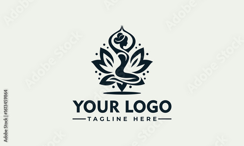A stylized logo featuring a woman in a yoga pose, surrounded by a lotus flower design.
