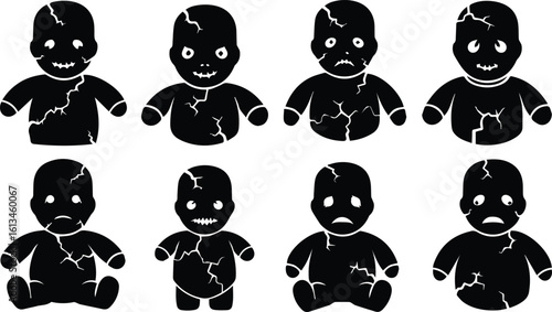 a collection of eight cracked zombie figures with various expressions, presented as black silhouettes