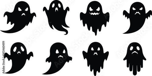 a set of eight spooky ghost figures with menacing expressions, depicted as black silhouettes