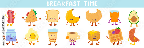 Breakfast food characters set. Cute morning food mascot collection. Breakfast bundle.