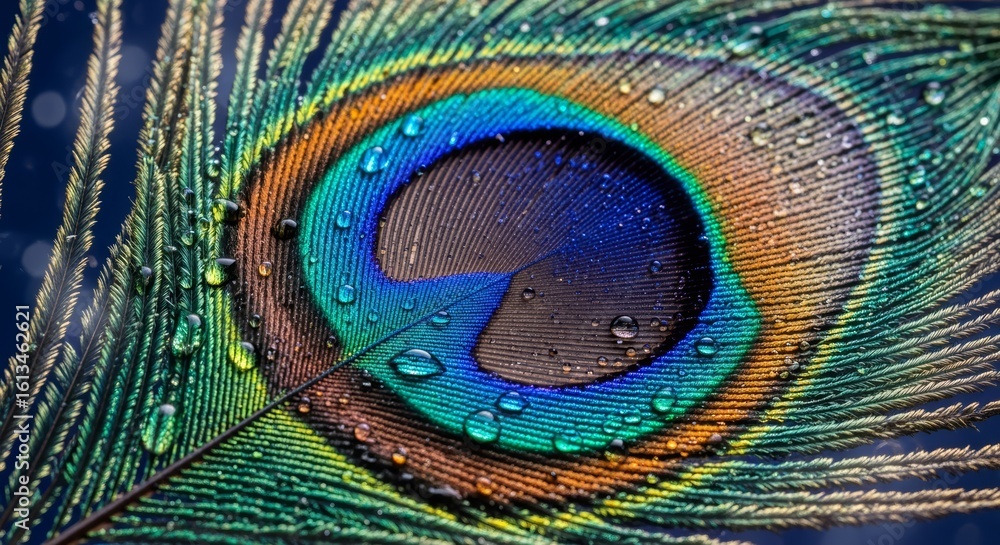 Naklejka premium Close-Up of Vibrant Peacock Feather with Water Droplets