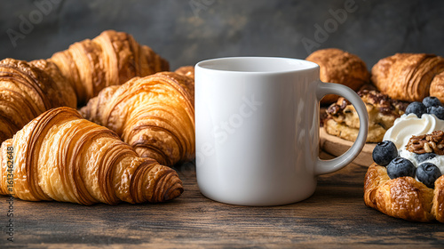 Wallpaper Mural A blank white coffee mug mockup surrounded by fresh golden croissants and pastries on a rustic table. Torontodigital.ca