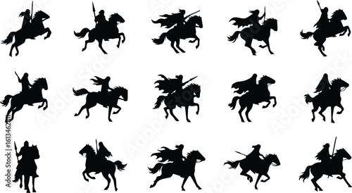 a collection of fifteen black silhouette knights on horseback in various dynamic poses, ready for battle