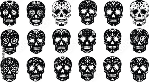 an intricate collection of sugar skull designs, showcasing ornate patterns and traditional day of the dead artistry