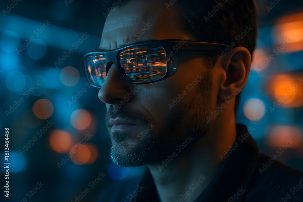 Man wearing futuristic glasses reflecting city lights at night Man wearing futuristic glasses reflecting city lights at night