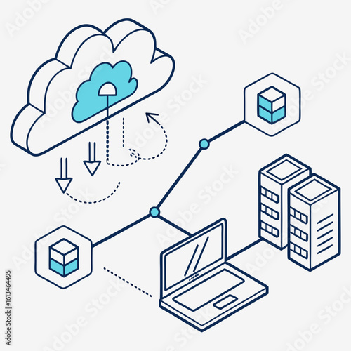 Cloud computing network diagram showing data transfer between cloud server and laptop with server storage unit