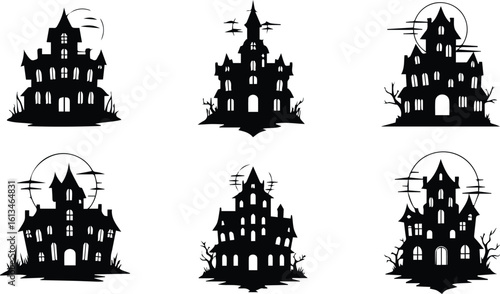 a collection of silhouetted haunted houses and castles, evoking a spooky and mysterious halloween atmosphere
