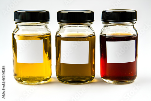 Three small glass sample jars with black caps, filled with yellow, olive, and red colored liquids and blank white labels.