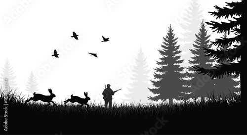 Photography Silhouette forest hunter with rifle, rabbits running, birds flying, wildlife con