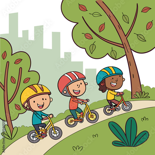 Cartoon kids riding bicycles in park with helmets and trees illustration for children's book designs