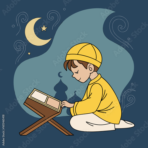 Illustration of muslim boy reading quran during ramadan kareem holy month islamic festival celebration