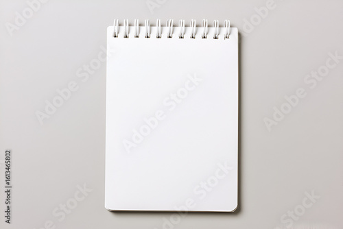 A blank white spiral-bound notepad is centered on a plain light gray background.