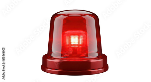 Bright red flashing emergency beacon light with a clear plastic dome and illuminated led bulb isolated on transparent background