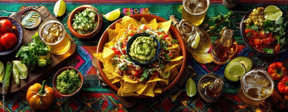 Fototapeta premium Colorful Mexican fiesta spread of nachos, guacamole, and sides