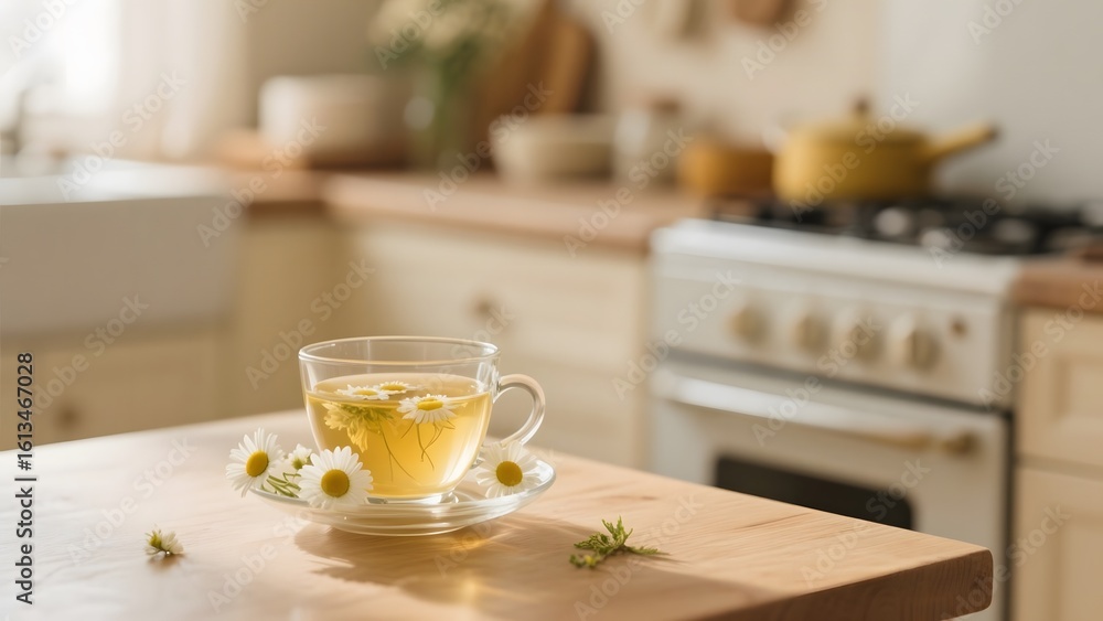A cup of chamomile tea on a wooden table in a cozy kitchen setting A cup of chamomile tea on a wooden table in a cozy kitchen setting