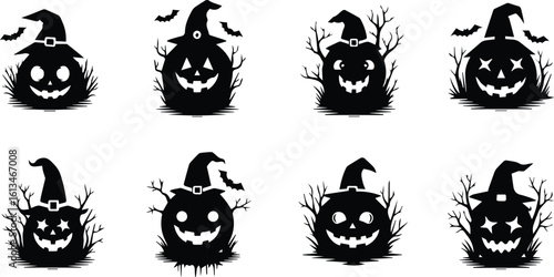 a collection of eight spooky halloween pumpkin jack o lanterns with witch hats and bats, isolated on a white background