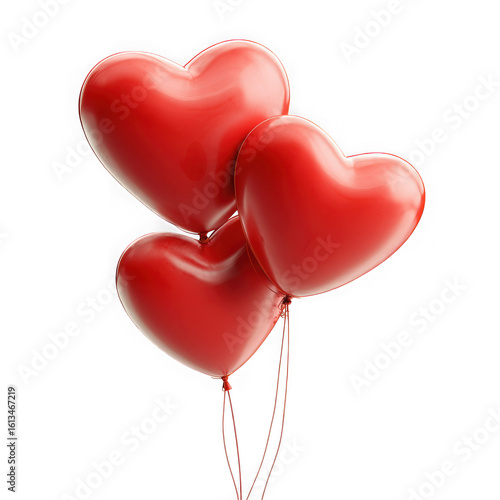 Three realistic red heart shaped balloons tied together floating on a transparent background isolated on transparent background