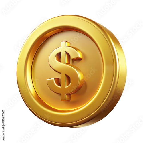 A realistic 3d render of a shiny golden coin with a prominent dollar sign embossed on its surface isolated on transparent background