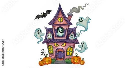 Haunted house surrounded by ghosts and pumpkins during Halloween festivities at night