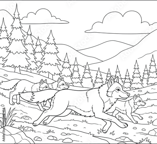 Pack of Wolves Running Through a Forest Landscape – Wildlife Line Art Illustration for Coloring Pages and Nature-Themed Printable Activities