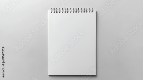 A top-down view of a blank spiral-bound notebook with a clean white page on a light gray surface.