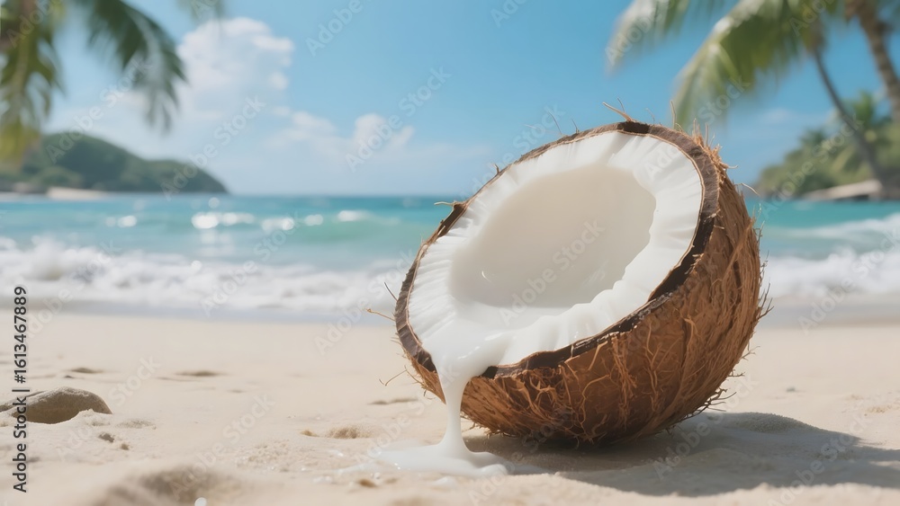 Coconut with milk spilling on a sandy beach under sunny skies Coconut with milk spilling on a sandy beach under sunny skies