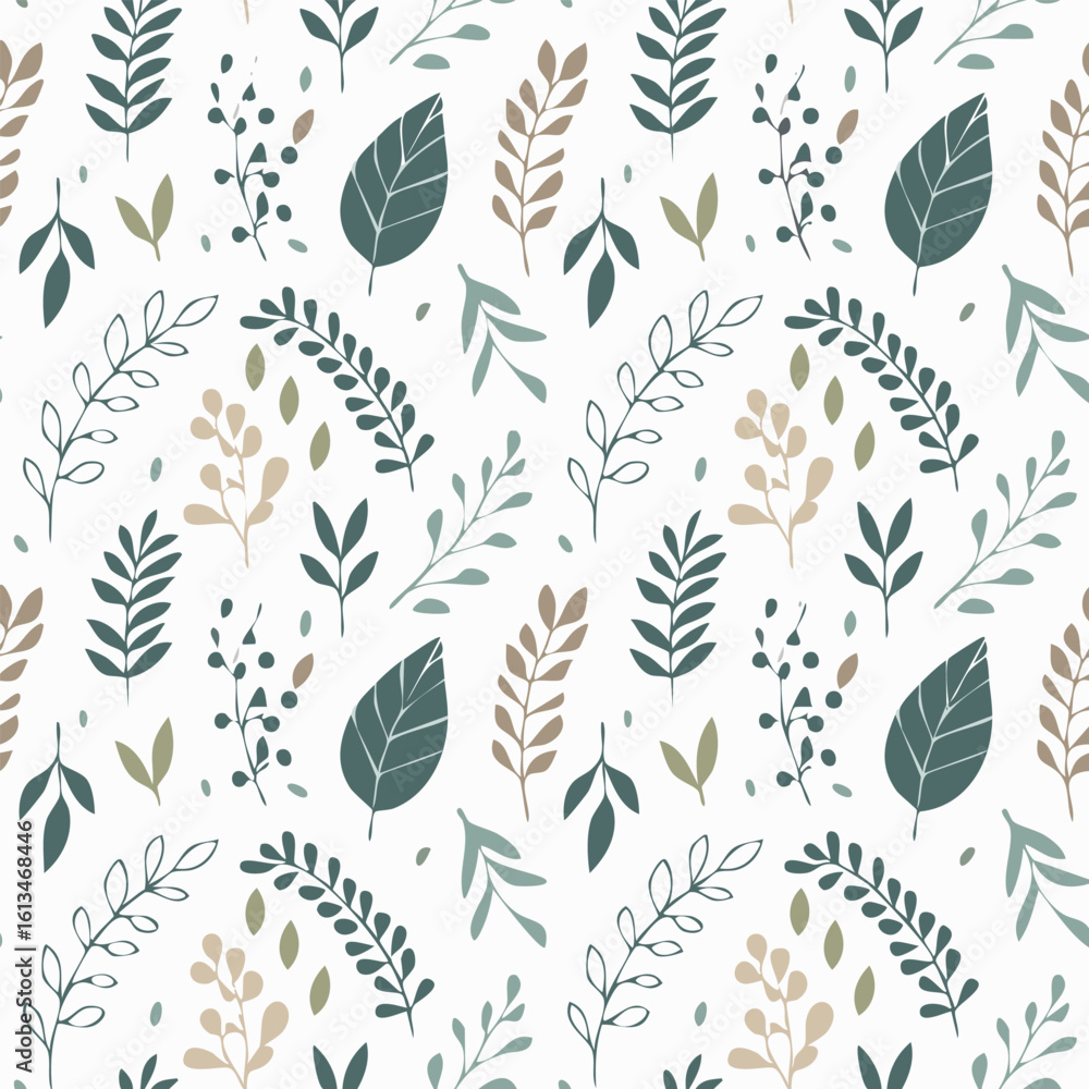 Fototapeta premium Elegant seamless pattern with hand-drawn leaves and branches in minimal style. Perfect for stationery, textiles, and backgrounds.