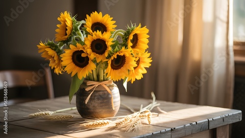 Vibrant sunflowers in a rustic vase, bathed in warm sunlight on a wooden table