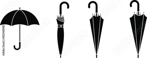 Umbrella Folded Silhouette Icon Vector Set - Rain Protection, Compact, Portable
