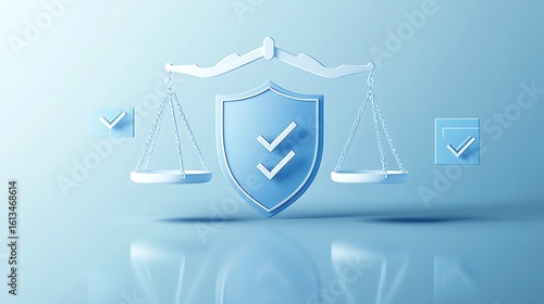 Conceptual image showing scales of justice with shield and check marks in blue tones