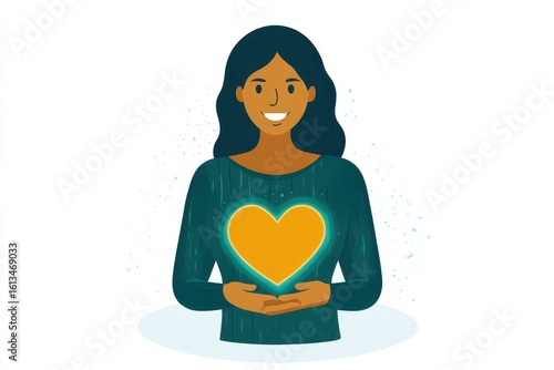 Smiling Woman Holding Glowing Heart in Hands on Blue Background