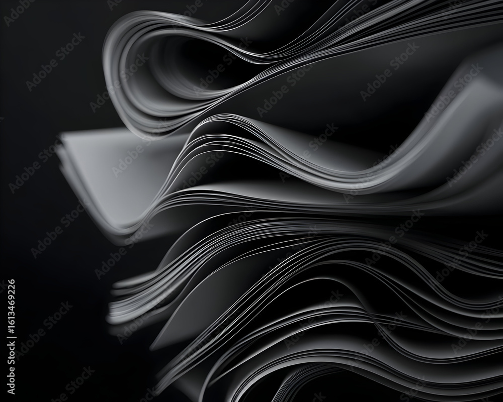Obraz premium Abstract stack of wavy sheets in grayscale. Close-up view of textured layers, dynamic curves, and a dark background