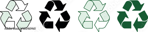 Four recycle symbols in different colors and styles on a light green background arranged horizontally
