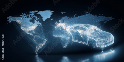 Digital rendering of car overlaying world map symbolizes future of global trade and autonomous vehicles. glowing lines and lights suggest connectivity and innovation