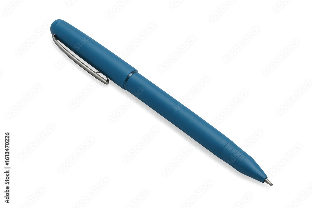 Blue ballpoint pen positioned diagonally, resting on clear surface, highlighting office writing essential Blue ballpoint pen positioned diagonally, resting on clear surface, highlighting office writing essential