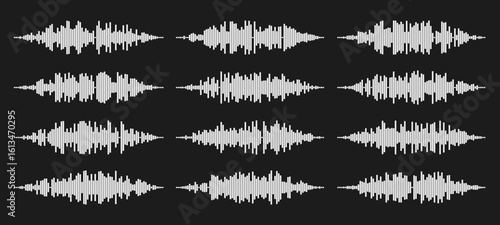 Audio wave tune print, voice message, podcast audio recording. Vector audio player soundwave visualization or voice message sound wave. Podcast audio streaming. Music, sound concept.