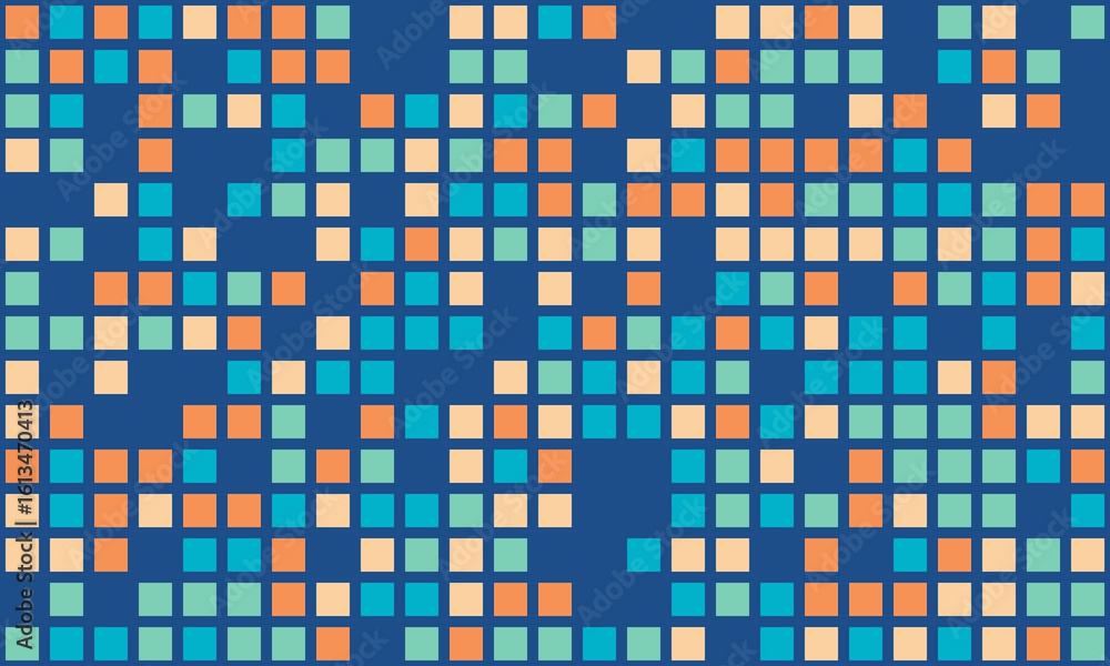 Fototapeta premium Abstract pixelated pattern in teal, orange, and beige on a navy blue background. Perfect for website banners, tech presentations, or modern design projects.