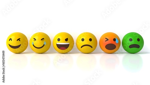 A collection of 3D emoticons in a row displaying a spectrum of emotions from happy to disgusted. Concept for customer satisfaction, feedback, and mood rating scale.