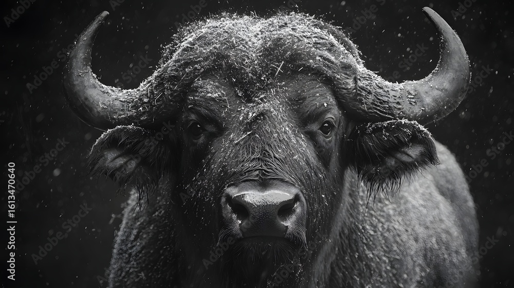 Naklejka premium Majestic black and white portrait of a powerful buffalo