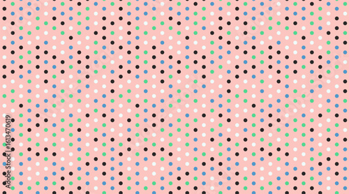 Vibrant pastel pink background adorned with a repeating geometric pattern of colorful polka dots.