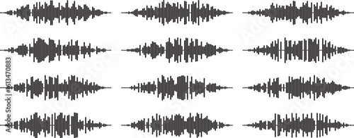 Audio wave tune print, voice message, podcast audio recording. Vector audio player soundwave visualization or voice message sound wave. Podcast audio streaming. Music, sound concept.