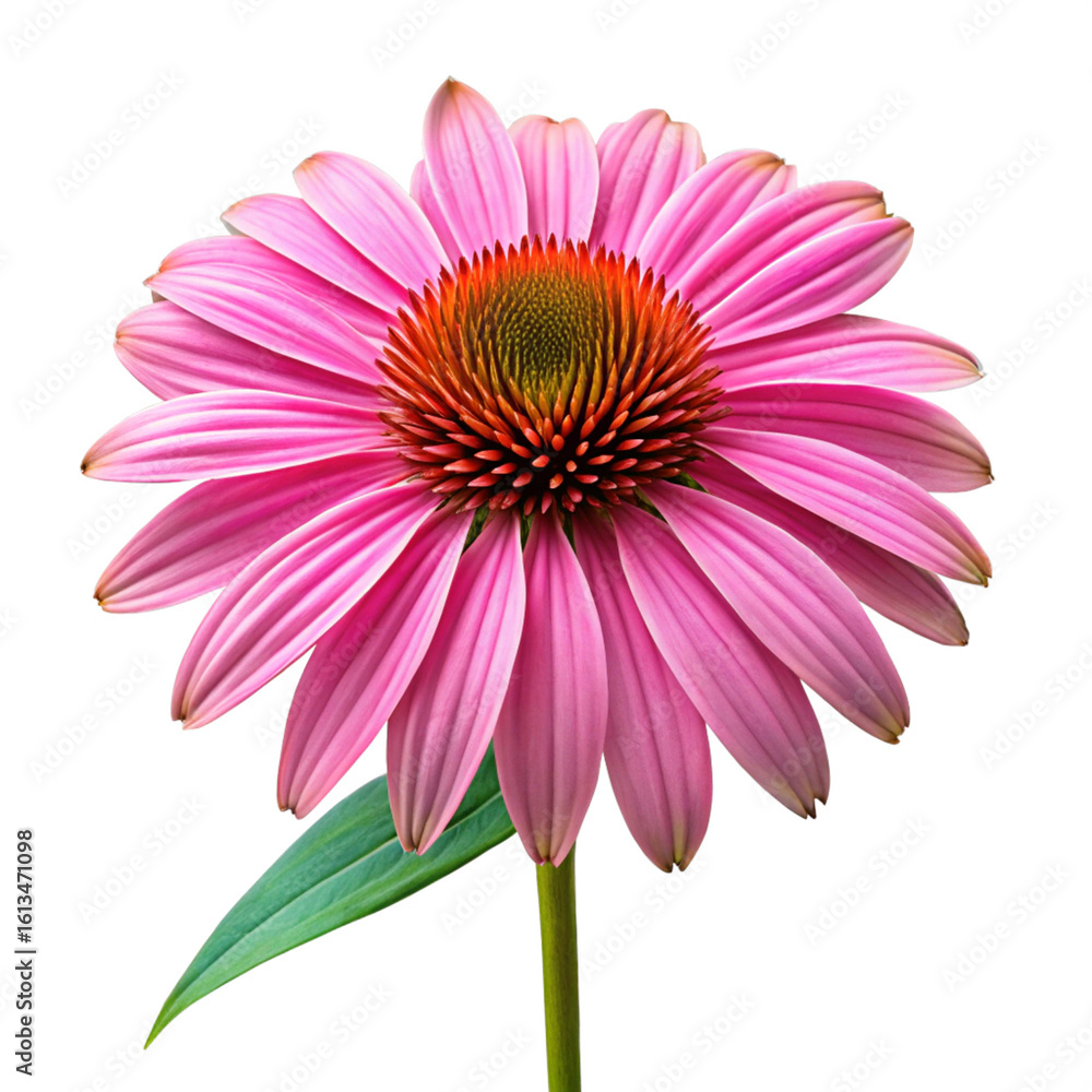 Obraz premium Pink coneflower with green stem and leaf purple flower echinacea