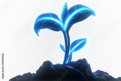 Vibrant Blue Plant Growing from Dark Soil on White Background
