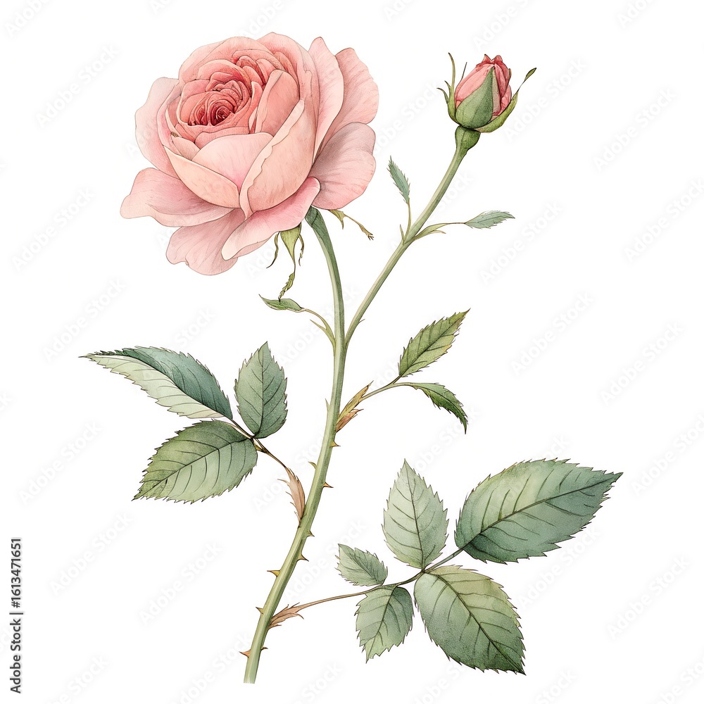 Fototapeta premium Stunning delicate pink rose with bud and lush green leaves, a timeless symbol of natural beauty perfect for elegant floral designs and romantic themes.