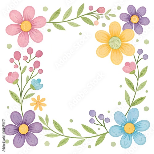 Charming floral border with vibrant pastel flowers and delicate green leaves framing a blank space, perfect for spring invitations or greeting cards.