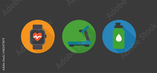 Vector flat design icons of a smartwatch with heart rate monitor, treadmill machine, and water bottle. Perfect for illustrating fitness, wellness, health tracking, and workout themes in apps